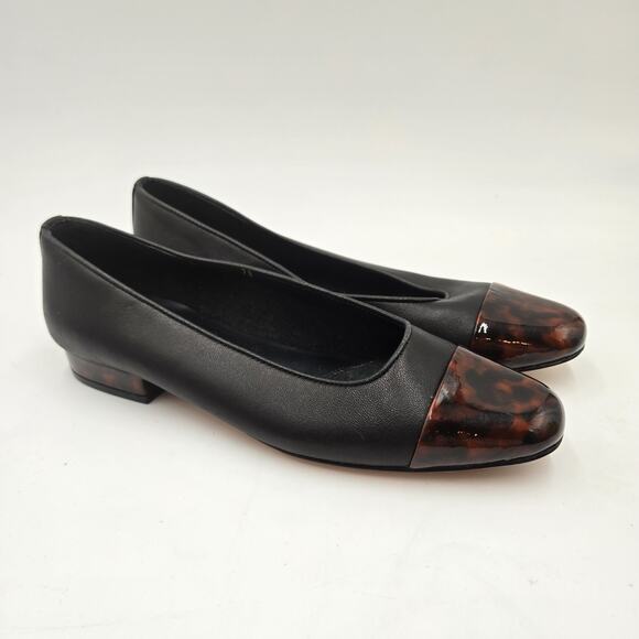 VANELi Womens Sz 7 Frankie Leather Low Heel Black Leather Tortoise Print Shoes - Picture 1 of 7